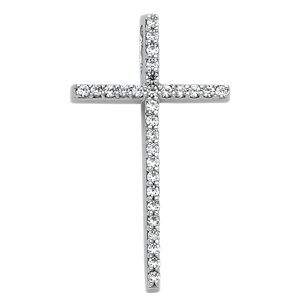 14KW CZ CROSS PENDANT: 14KW CZ Cross Pendant Material Type : 14k Gold Material Color : White Avg. Weight: Avg. Weight: 1.21 Gr. Size: Height 23 mm, Width 17.5 mm Accessories: None Notice: When purchasing pre-owned goods,