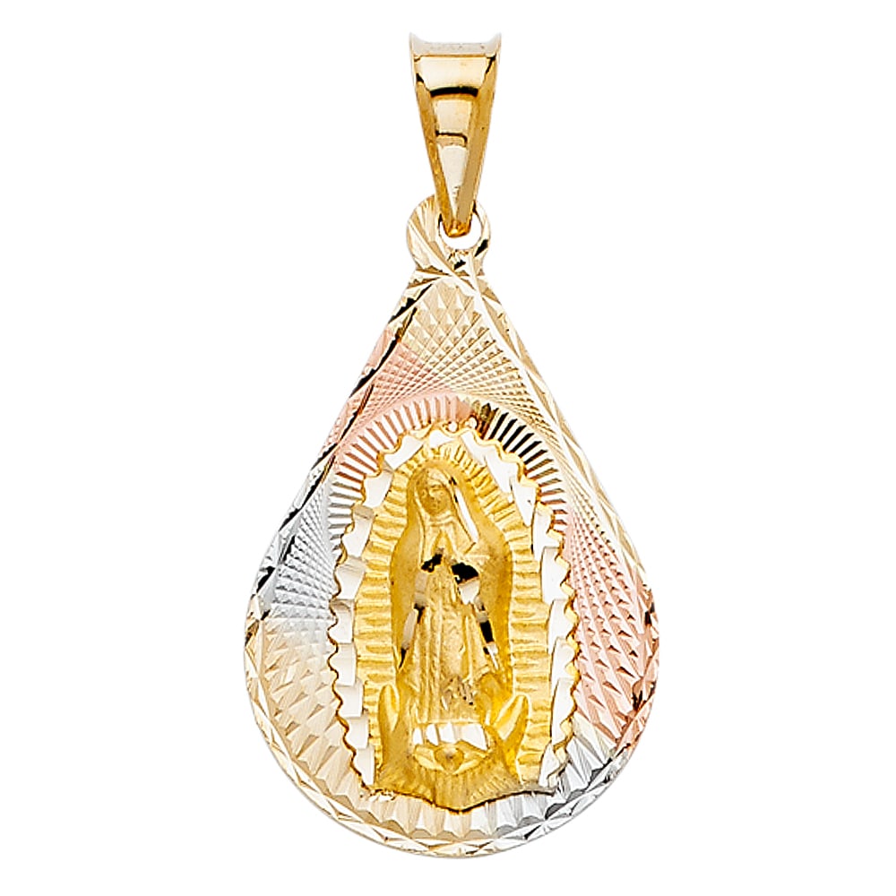 14K 3C RELIGIOUS STAMP PENDANT: 14K 3C Religious Stamp Pendant Material Type : 14k Gold Material Color : Tri Color Avg. Weight: Avg. Weight: 1.96 Gr. Size: Height 26 mm, Width 18 mm Accessories: None Notice: When purchasing pre-o