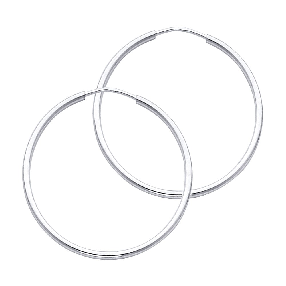 14KW ROUND TUBE POLISHED ENDLESS HOOP EARRINGS: 14KW Round Tube Polished Endless Hoop Earrings Material Type : 14k Gold Material Color : White Avg. Weight: Avg. Weight: 1.05 Gr. Size: Height : 30 mm, Width : 30 mm Accessories: None Notice: When