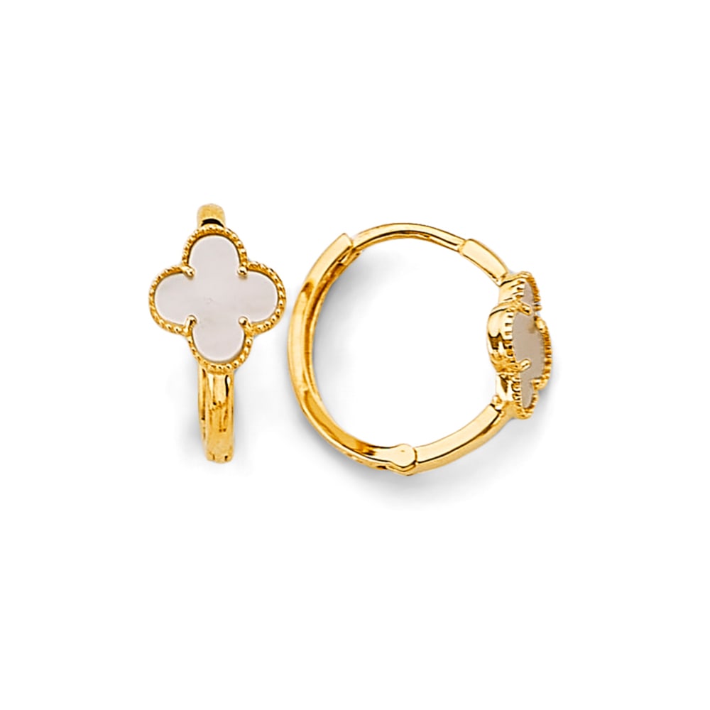 14KY MOTHER OF PEARL CLOVER HUGGIES EARRINGS: 14KY Mother of Pearl Clover Huggies Earrings Material Type : 14k Gold Material Color : Yellow Avg. Weight: Avg. Weight: 1.51 Gr. Size: Height : 15 mm, Width : 15 mm Accessories: None Notice: When p