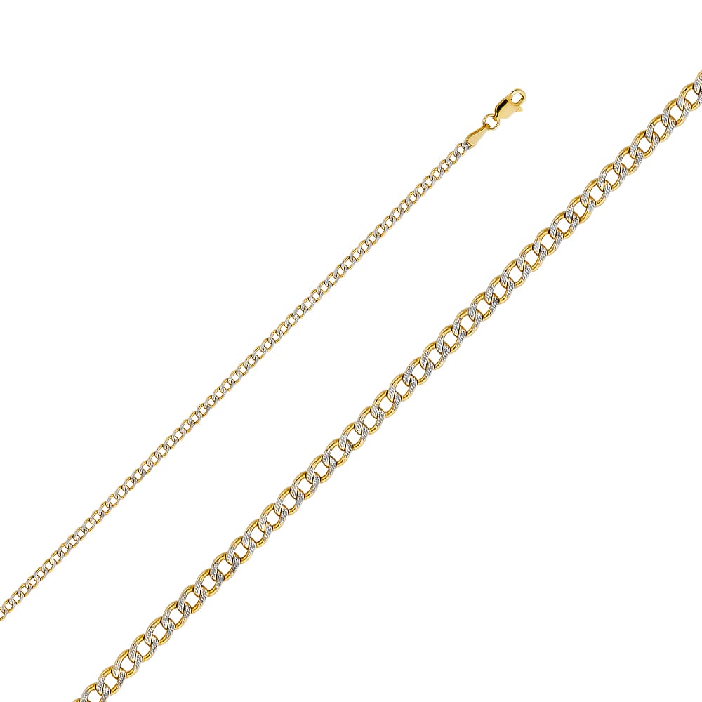 14KY HOLLOW CUBAN BEVEL WP CHAIN: 14KY Hollow Cuban Bevel WP Chain Material Type : 14k Gold Material Color : Two Tone Avg. Weight: Avg. Weight: 2.24 Gr. Size: Length : 16 inch, Width 2.4mm Accessories: None Notice: When purchasing