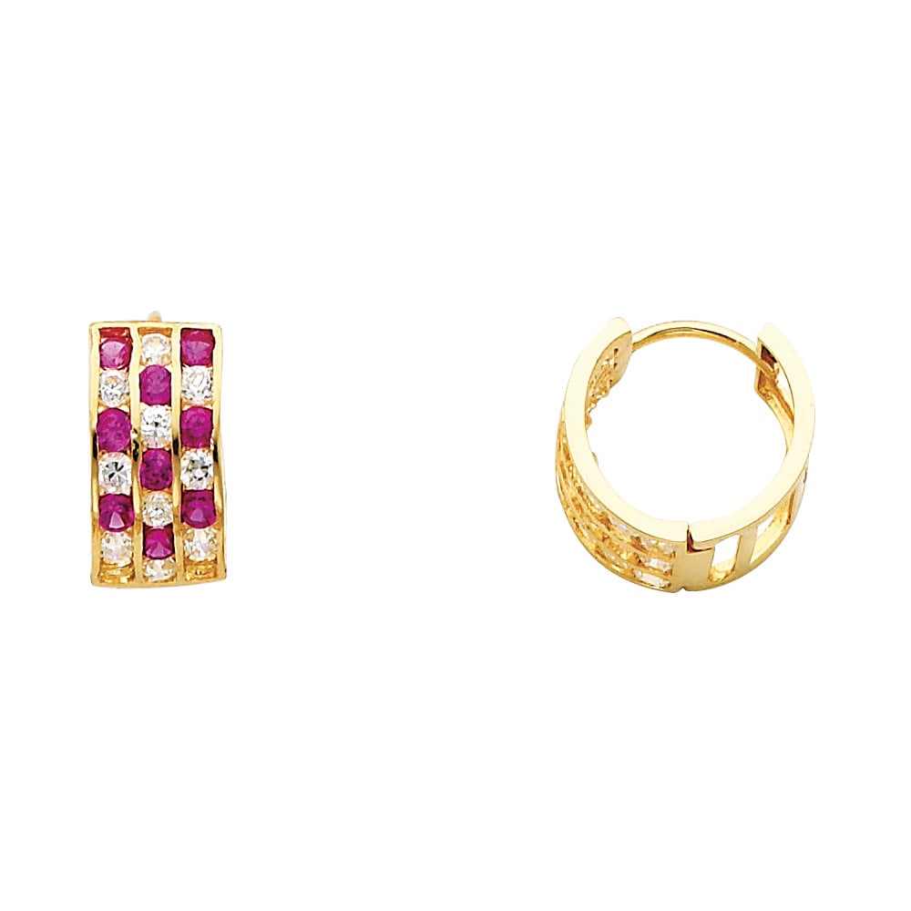 14KY TRIPLE CZ HUGGIES EARRINGS: 14KY Triple CZ Huggies Earrings Material Type : 14k Gold Material Color : Yellow Avg. Weight: Avg. Weight: 2.11 Gr. Size: Height : 15 mm, Width : 15 mm Accessories: None Notice: When purchasing pre