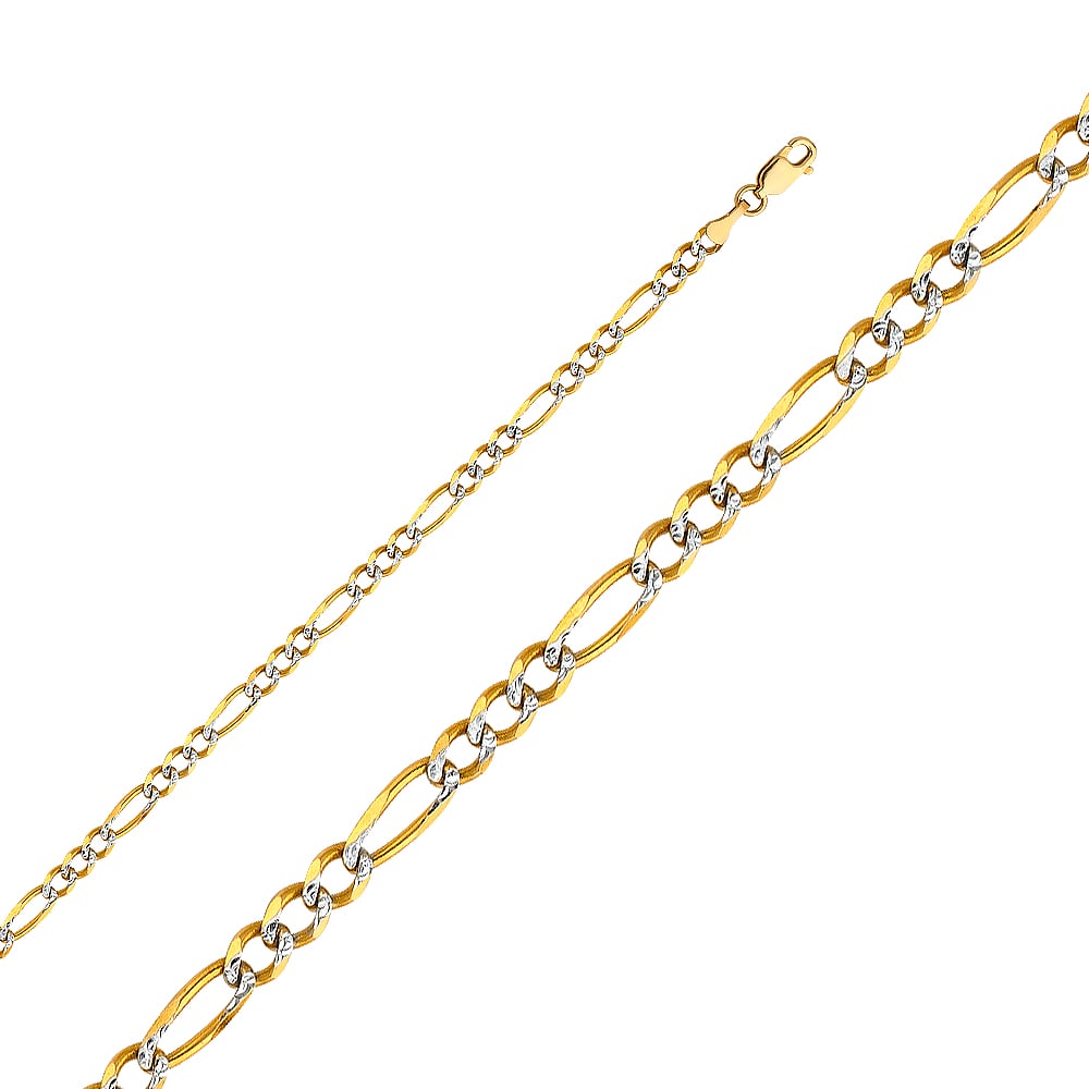 14KY FIGARO WP CHAIN: 14KY Figaro WP Chain Material Type : 14k Gold Material Color : Two Tone Avg. Weight: Avg. Weight: 4.01 Gr. Size: Length : 7.5 inch, Width 4mm Accessories: None Notice: When purchasing pre-owned goo