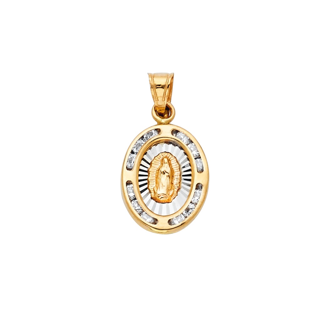14K 2T CZ VIRGIN DE GUADALUPE PENDANT: 14K 2T CZ Virgin De Guadalupe Pendant Material Type : 14k Gold Material Color : Two Tone Avg. Weight: Avg. Weight: 1.02 Gr. Size: Height 15 mm, Width 10 mm Accessories: None Notice: When purchasing