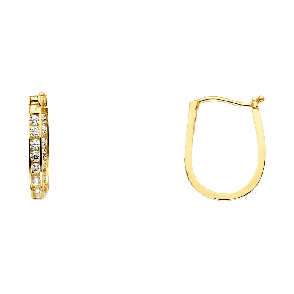 14KY CHANNEL ROUND CZ U SHAPE EARRINGS: 14KY Channel Round CZ U Shape Earrings Material Type : 14k Gold Material Color : Yellow Avg. Weight: Avg. Weight: 1.5 Gr. Size: Height : 15 mm, Width : 12 mm Accessories: None Notice: When purchasi