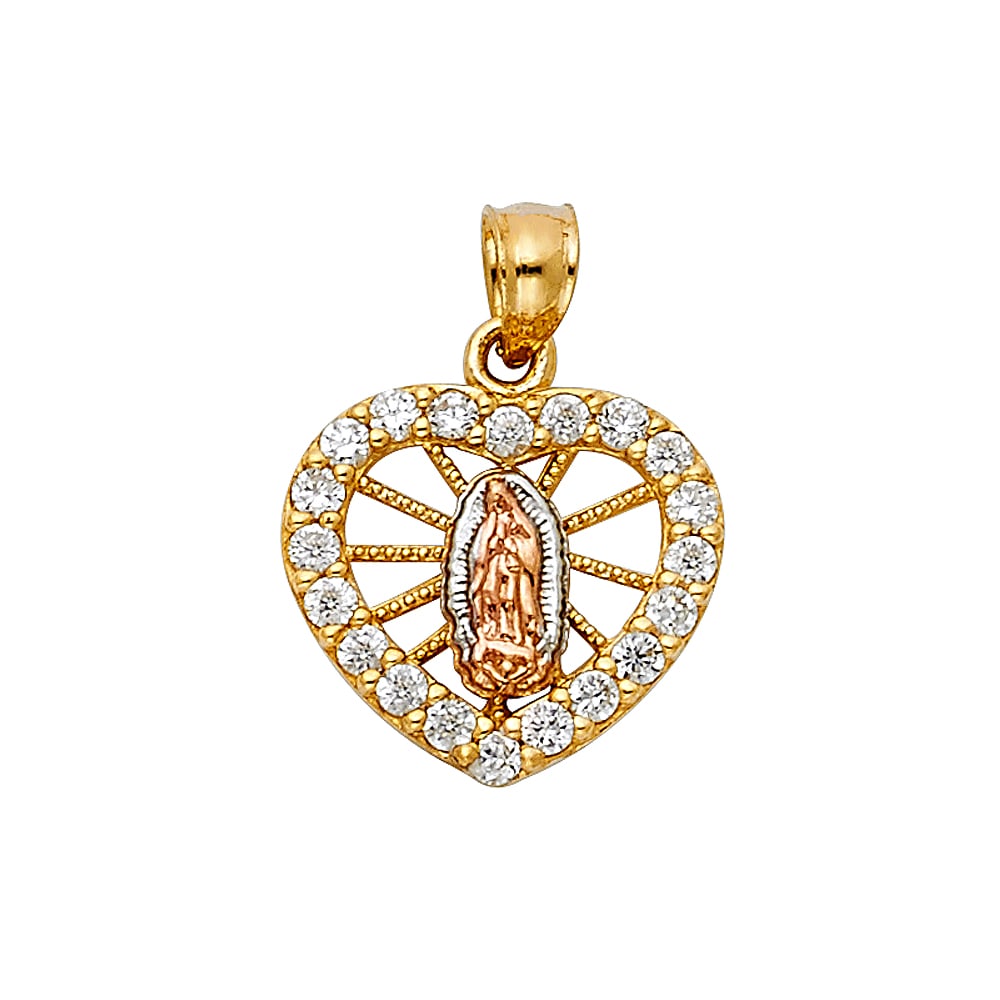 14K 3C CZ RELIGIOUS HEART PENDANT: 14K 3C CZ Religious Heart Pendant Material Type : 14k Gold Material Color : Tri Color Avg. Weight: Avg. Weight: 1.55 Gr. Size: Height 15 mm, Width 15 mm Accessories: None Notice: When purchasing pr