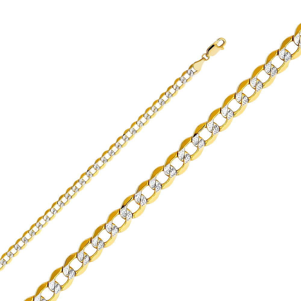 14KY HOLLOW CUBAN WP CHAIN: 14KY Hollow Cuban WP Chain Material Type : 14k Gold Material Color : Two Tone Avg. Weight: Avg. Weight: 4.21 Gr. Size: Length : 7.5 inch, Width 4.9mm Accessories: None Notice: When purchasing