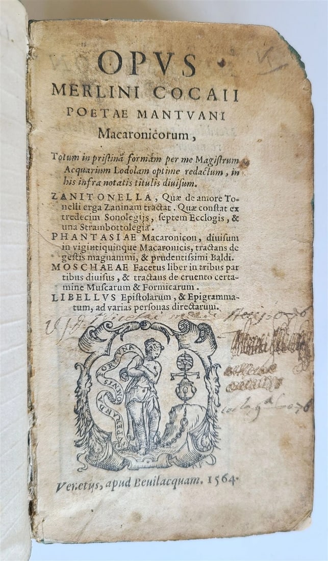ILLUSTRATED MACARONIC POETRY MERLINI COCAII, VINTAGE 16TH-CENTURY VELLUM, 1564: Year/Century: 16th century Language: Latin Subject: Illustrated Binding: Vellum Description: (Teofilo Folengo). Macaronicorum, poetae Mantuani, Opus Merlini Cocaii. Per me, totum in pristina (m) forma