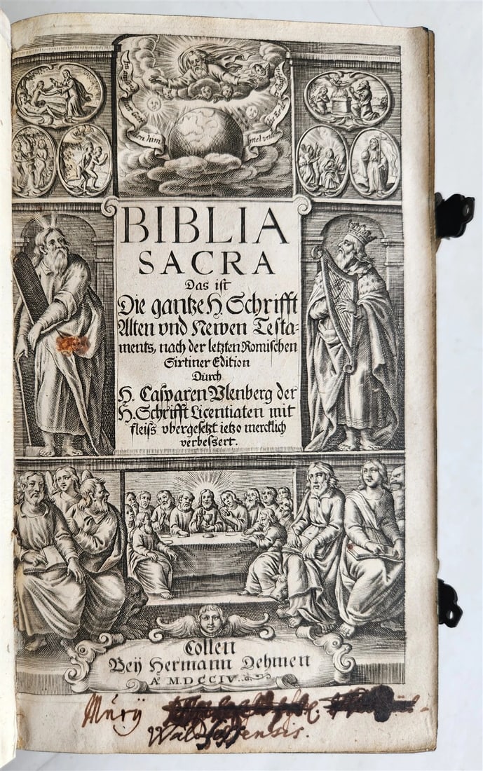 1704 BIBLE IN GERMAN ANTIQUITY, PIGSKIN OVER WOOD, BOUND WITH CLASPS: Year/Century: 18th century Language: German Subject: Religion & Spirituality Binding: Vellum Description: Biblia sacra, which is H. Schrifft's translation of the Old and New Testaments following the m
