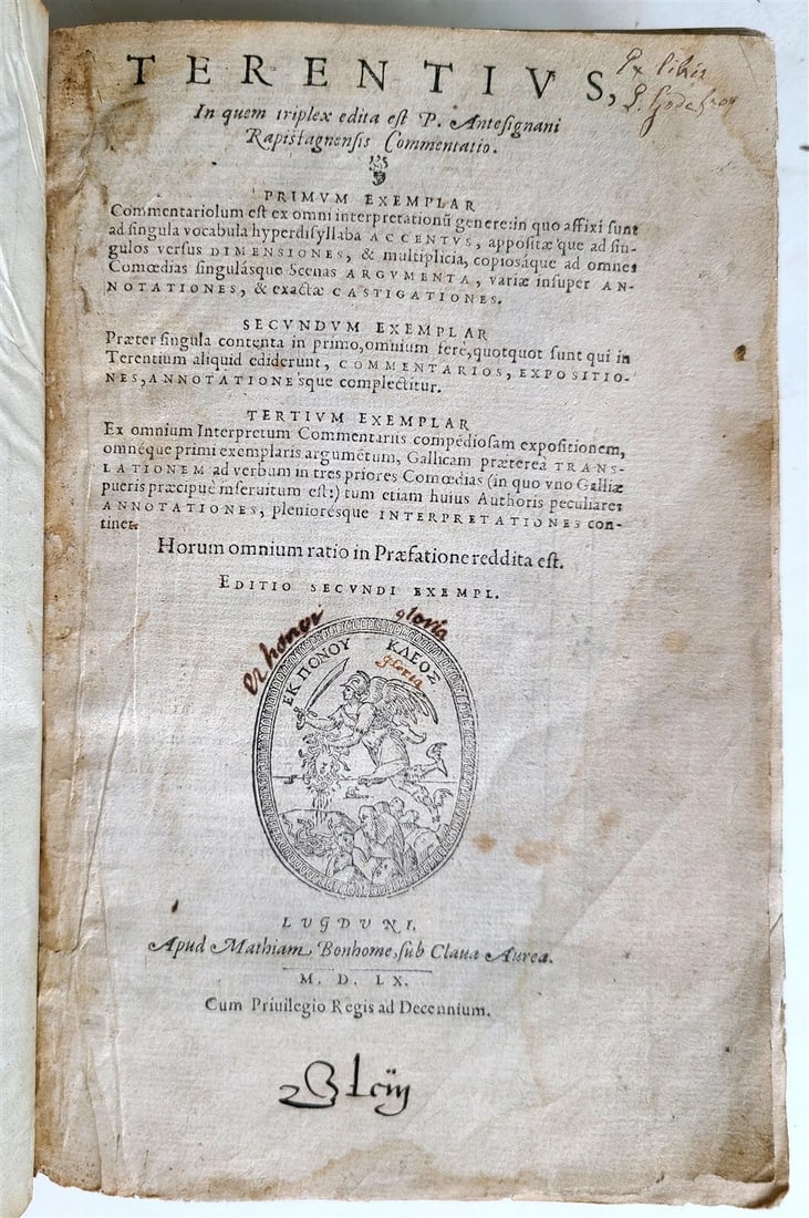 PIERRE DAVANTES' 1560 COMEDIES OF TERENCE COMMENTARY, ANTESIGNANUS, ANCIENT 16C (1 of 8)