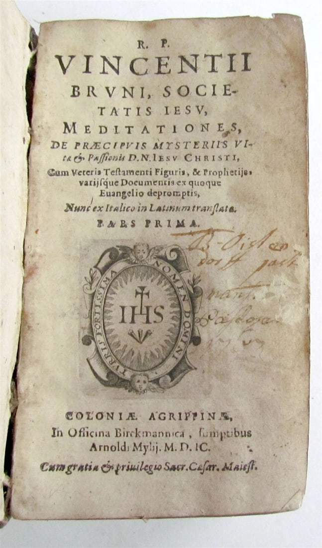 OLD VELLUM BINDING JESUIT MEDITATIONS, 1599 R.P. VINCENTII BRUNI: Year/Century: 16th century Language: Latin Subject: Religion & Spirituality Binding: Vellum Description: Bruno, R.P. Vincentii, Jesuit Meditations. Mylius Koln; 1599 658 pages, 3 by 5 1/3" Vellum-boun