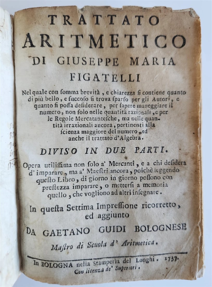 1737 ARITHMETIC TREATISE IN THE ANCIENT ITALIAN TRATTATO ARITMETICO VELLUM BINDING (1 of 13)