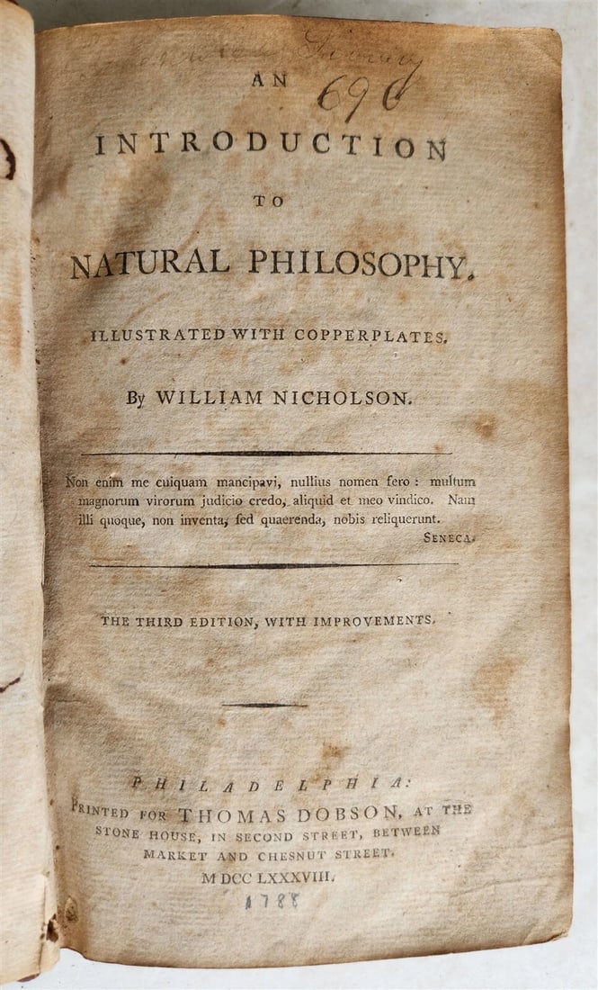 AN INTRODUCTION TO NATURAL PHILOSOPHY, AMERICAN EDITION, ANTIQUE ILLUSTRATED, 1788 (1 of 13)