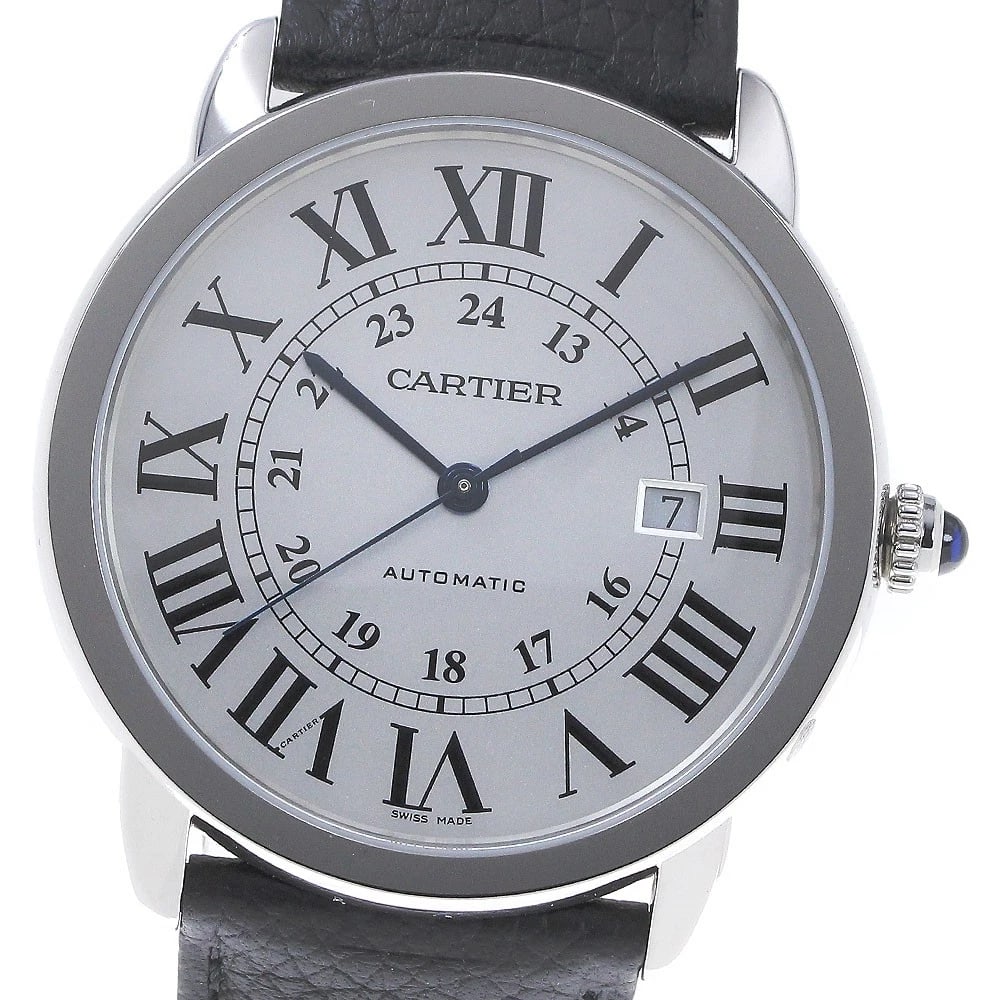 CARTIER RONDE SOLO DATE SILVER AUTOMATIC WATCH: CARTIER Ronde Solo Date Silver Automatic Watch Brand: CARTIER Type/Style: Wristwatch Material: Band Material leather, Case Material Stainless Steel Color: Dial Color Silver Band Color black Case Color