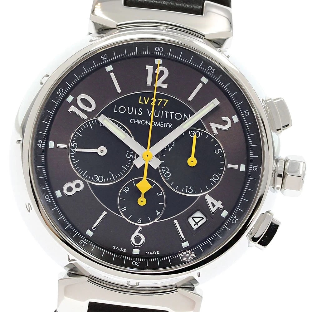 LOUIS VUITTON TAMBOUR CHRONOGRAPH AUTOMATIC WATCH: LOUIS VUITTON Tambour Chronograph Automatic Watch Brand: LOUIS VUITTON Type/Style: Wristwatch Material: Band Material leather, Case Material Stainless Steel Color: Case Color Silver Band Color Brown