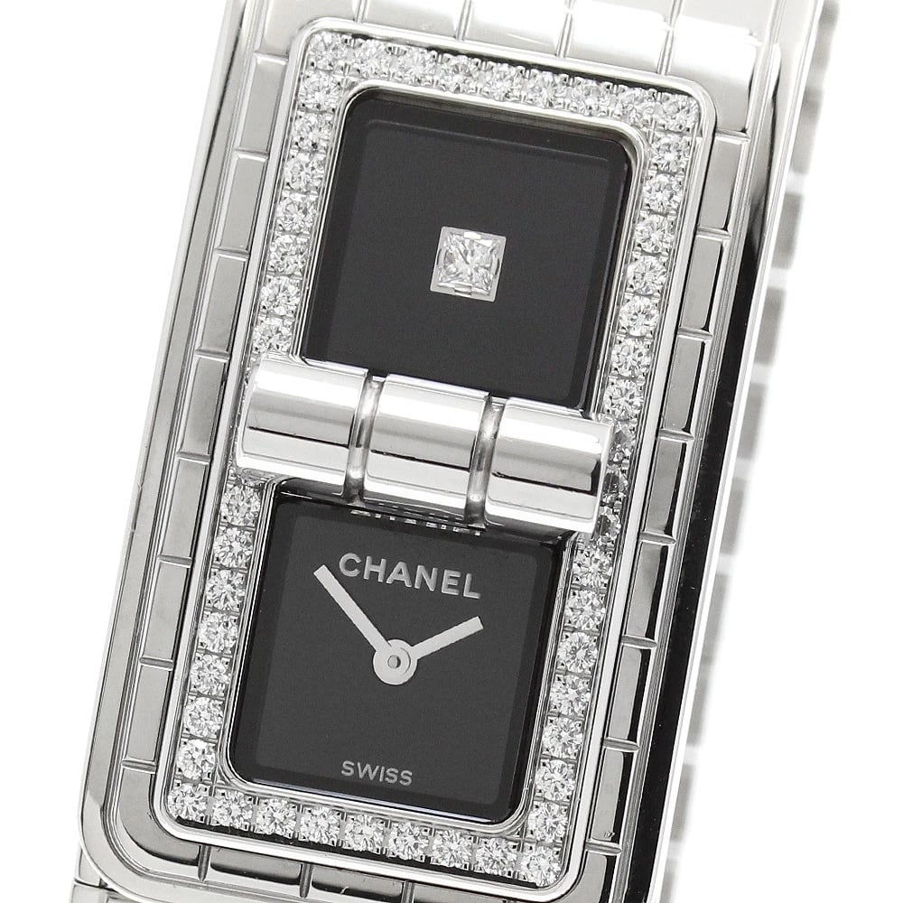 CHANEL BEZEL DIAMOND BLACK QUARTZ WATCH: CHANEL Bezel Diamond Black Quartz Watch Brand: CHANEL Type/Style: Wristwatch Material: Band Material Stainless Steel, Case Material Stainless Steel Color: Dial Color black Size: Case size About 22mm