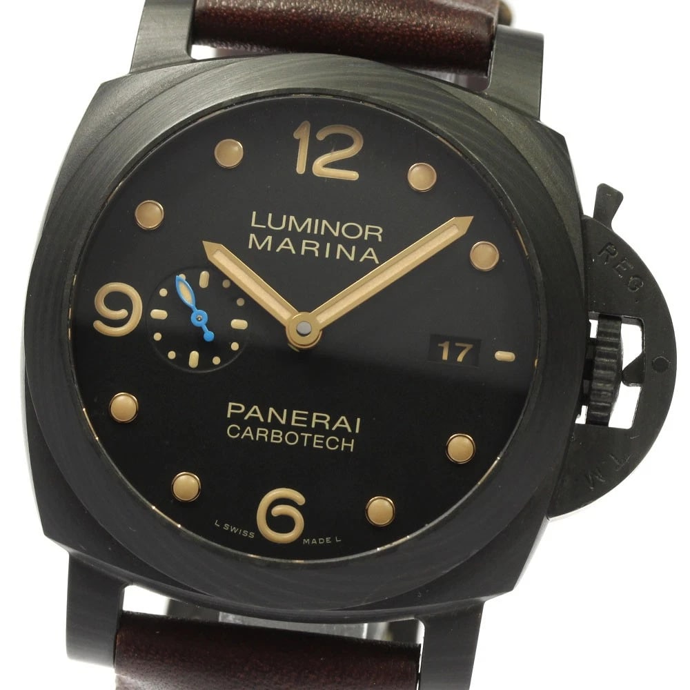 PANERAI LUMINOR MARINA DATE AUTOMATIC WATCH: PANERAI Luminor Marina Date Automatic Watch Brand: PANERAI Type/Style: Wristwatch Material: Band Material leather, Case Material Carbotech Color: Dial Color black Size: Case size About 44mm (1.7inch) 