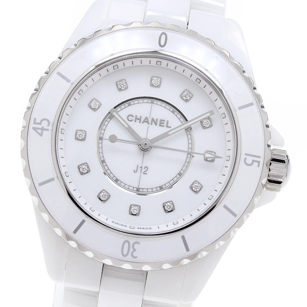 CHANEL J12 WHITE CERAMIC DIAMOND WHITE QUARTZ WATCH: CHANEL J12 White ceramic diamond white Quartz Watch Brand: CHANEL Type/Style: Wristwatch Material: Band Material Stainless Steel / ceramic, Case Material Stainless Steel / ceramic Color: Dial Color