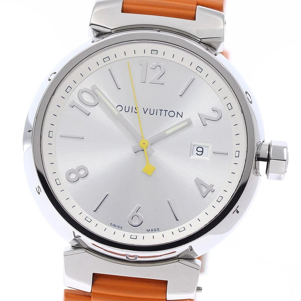 LOUIS VUITTON TAMBOUR DATE SILVER QUARTZ WATCH: LOUIS VUITTON Tambour Date Silver Quartz Watch Brand: LOUIS VUITTON Type/Style: Wristwatch Material: Band Material rubber, Case Material Stainless Steel Color: Dial Color Silver Size: Case size About 