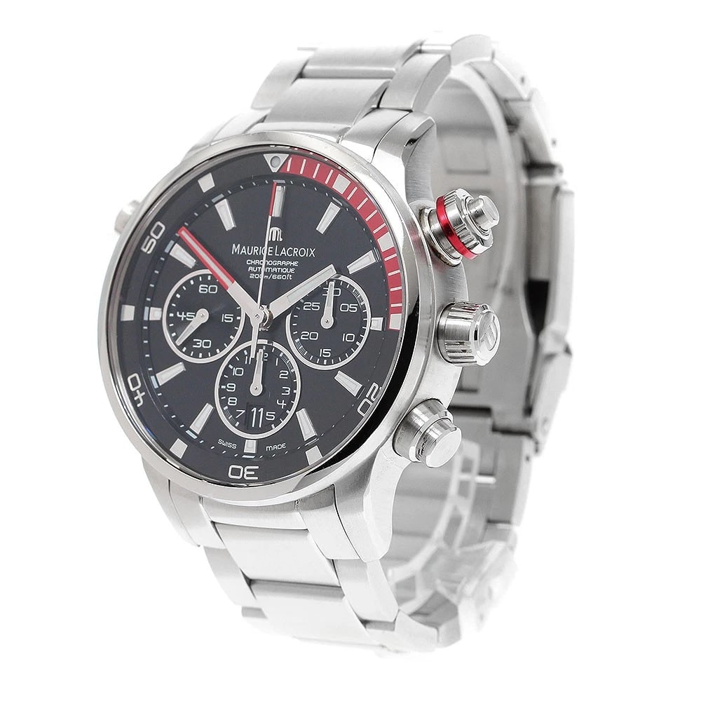 MAURICE LACROIX CHRONOGRAPH WATCH: MAURICE LACROIX Chronograph Watch Brand: MAURICE LACROIX Type/Style: Wristwatch Material: Band Material Stainless Steel, Case Material Stainless Steel Color: Dial Color black Size: Case size About