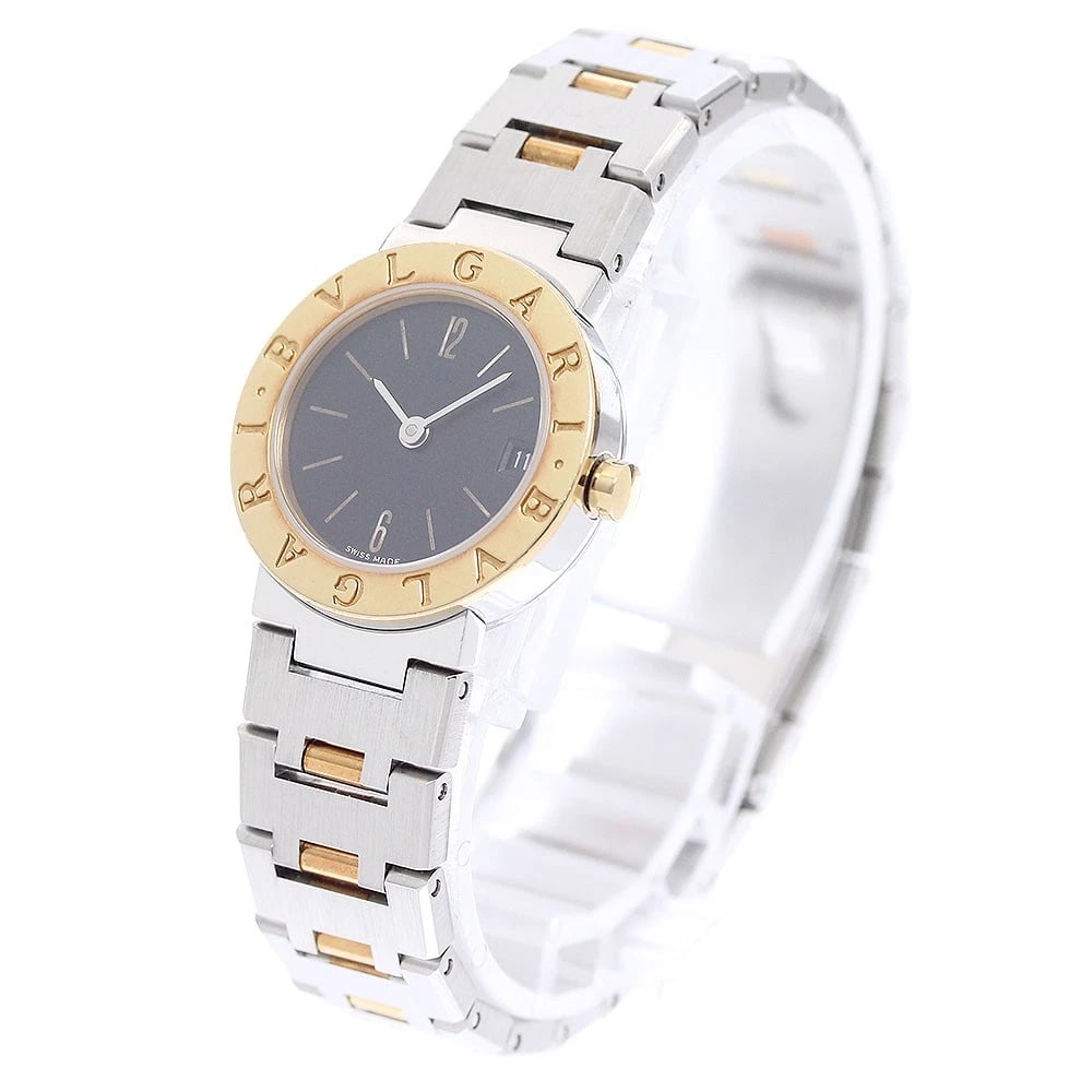 BVLGARI DATE BLACK QUARTZ WATCH: BVLGARI Date Black Quartz Watch Brand: BVLGARI Type/Style: Wristwatch Material: Band Material Stainless Steel/YG, Case Material Stainless Steel/YG Color: Dial Color black Size: Case size About 23mm (0
