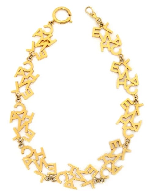 CHANEL GOLD LOGO CHARM CHOKER NECKLACE: CHANEL Gold Logo Charm Choker Necklace Brand: CHANEL Type/Style: Chain Material: NONE, Color: GOLD Size: Total length: approx. 40 cm; Logo section: W approx. 2.2 cm ? H approx. 3.6 cm Accessories: