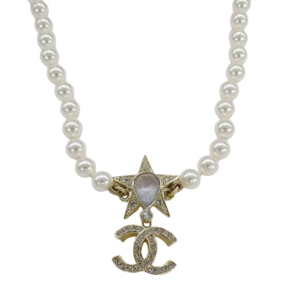 CHANEL NECKLACE COCO MARK METAL/RHINESTONE/PEARL STAR GOLD/WHITE (1 of 5)