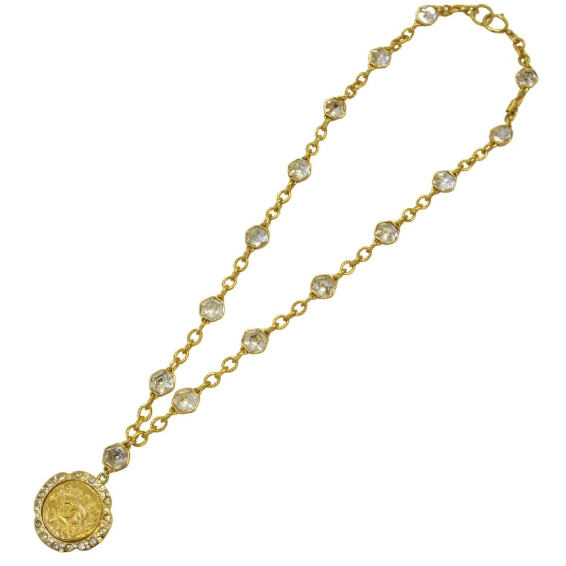 CHANEL NECKLACE COIN MOTIF LIGHT STONES & GOLD: CHANEL Necklace Coin Motif Light Stones & Gold Brand: CHANEL Type/Style: Necklace Material: NONE, Color: GOLD Size: Chain length approx. 79cm, Pendant 4.3 x 4.3cm Accessories: None Accesso