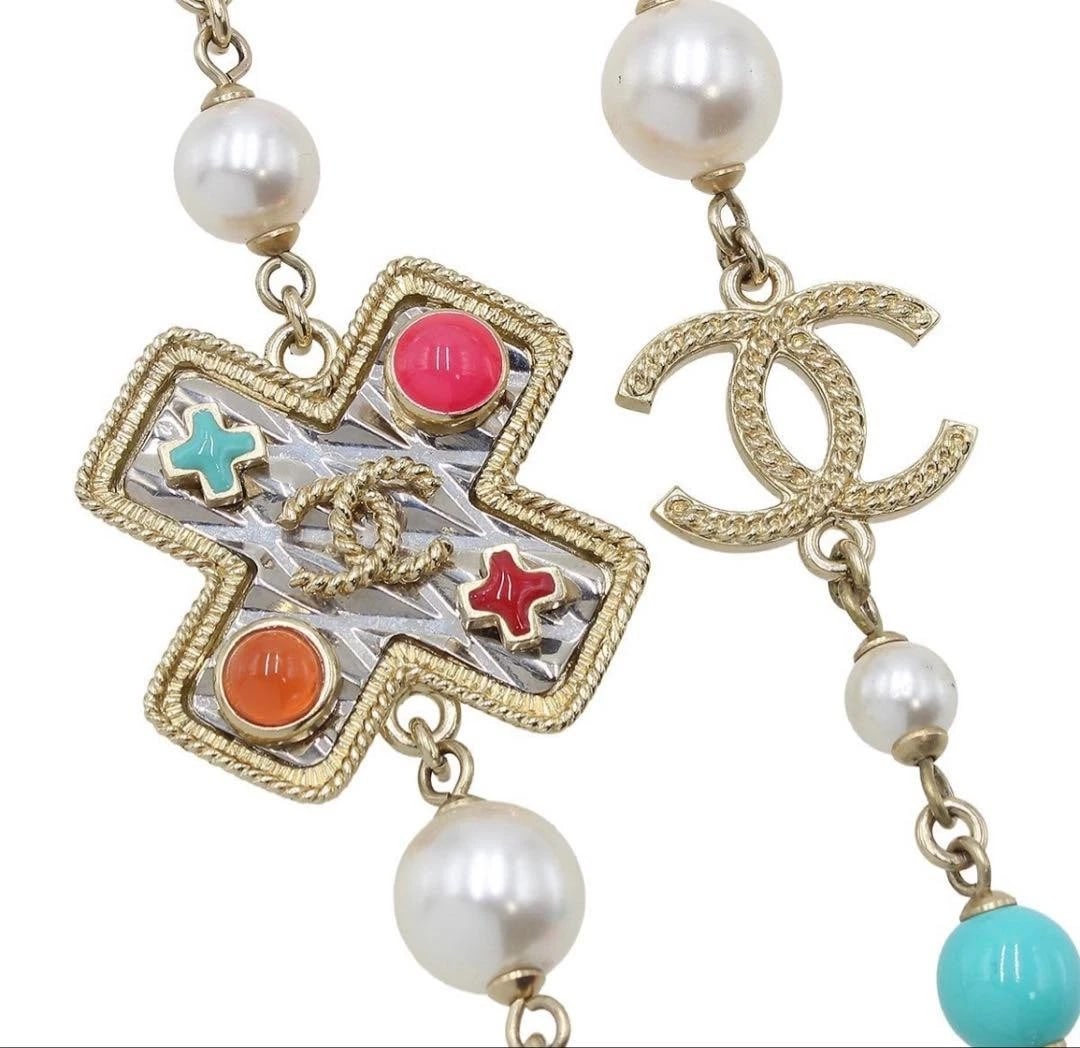 CHANEL LONG NECKLACE CC CROSS COLORED STONE PEARL NECKLACE (1 of 3)