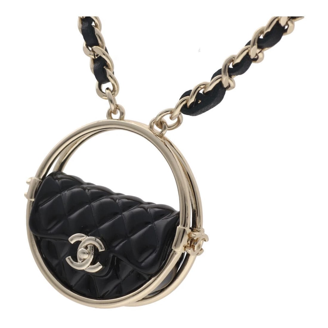 CHANEL BROOCH COCO MARK QUILTED BAG LEATHER NECKLACE MOTIF CHARM: CHANEL Brooch Coco Mark Quilted Bag Leather Necklace Motif Charm Brand: CHANEL Type/Style: Necklace Material: NONE, Color: BLACK Size: Total length: 50cm W:3.6cmH:3.5cmD:1.2cm Accessories: None