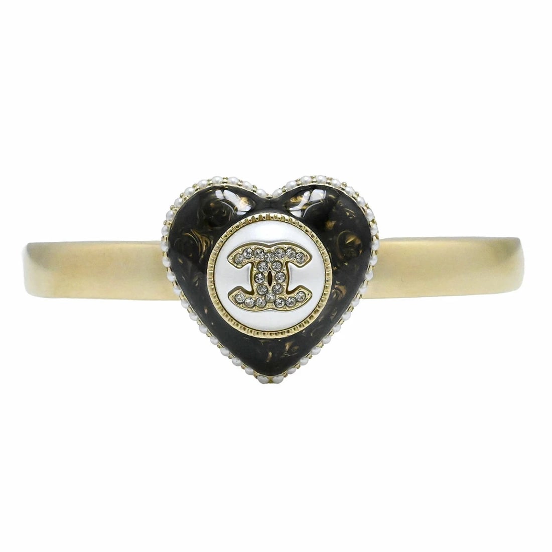 CHANEL COCO MARK HEART BANGLE BRACELET WITH PEARL AND RHINESTONES: Chanel Coco Mark Heart Bangle Bracelet With Pearl and Rhinestones Brand: CHANEL Type/Style: Bracelet Material: Metal, Color: Gold ? Black ? Silver Size: Wrist circumference: 16 cm Accessories: Non