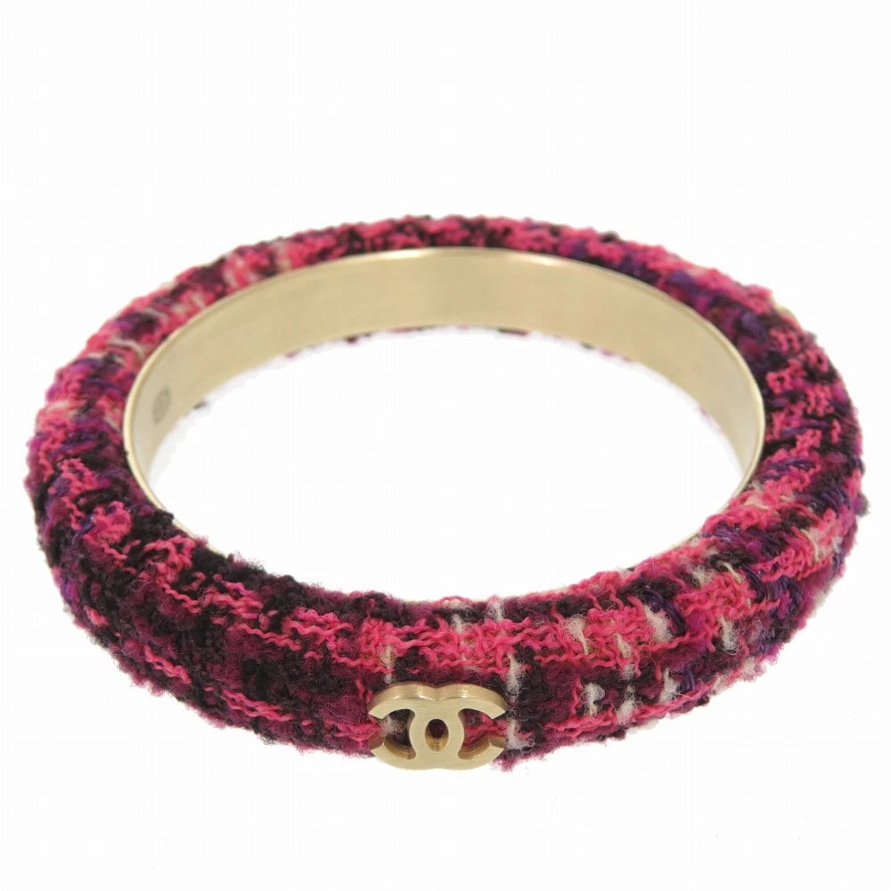 CHANEL COCO MARK TWEED PURPLE / PINK GOLD HARDWARE BANGLE (1 of 3)