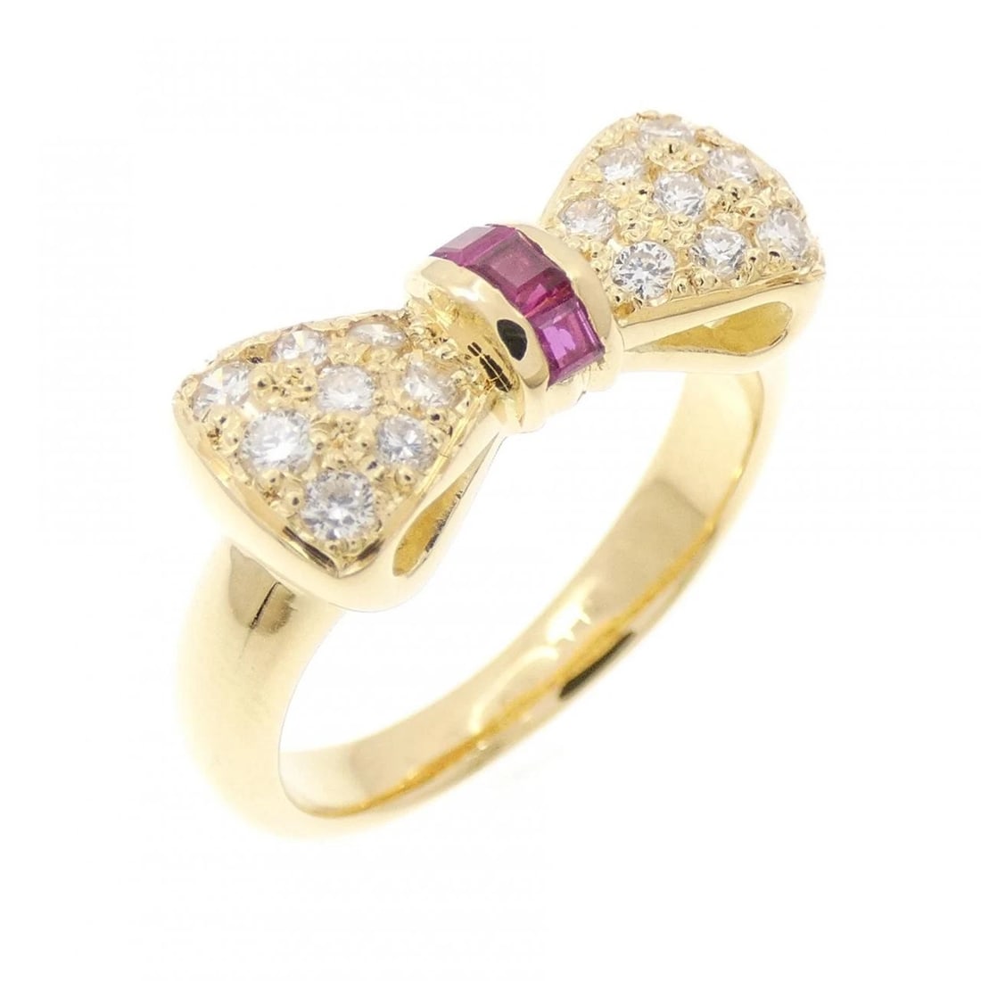K18YG RIBBON RUBY RING: K18YG Ribbon Ruby Ring Brand: Unbranded Type/Style: Ruby Ring Material: K18YG, Main Stone/Creation Ruby Secondary Stone diamond Color: Yellow Gold Size: US 5 1/4 Accessories: None Accessor