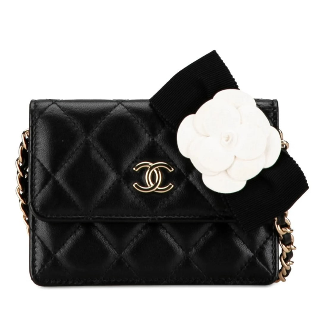 CHANEL MATELASSE COCO MARK CAMELLIA MINI CHAIN SHOULDER WALLET: Chanel Matelasse Coco Mark Camellia Mini Chain Shoulder Wallet Brand: Chanel Type/Style: Other Material: Leather Color: Black Size: (HxWxD)9cm x 12cm x 2cm / 3.54'' x 4.72'' x 0.78'' Accessories: