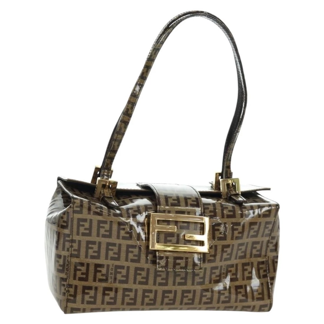 FENDI ZUCCHINO CANVAS MAMMA BAGUETTE SHOULDER BAG: FENDI Zucchino Canvas Mamma Baguette Shoulder Bag Brand: FENDI Type/Style: Shoulder Bag Material: Zucchino Canvas Color: Brown/Gold Size: Size(Inch) W8.3 x H4.3 x D4.3inch(Approx) Accessories: Non