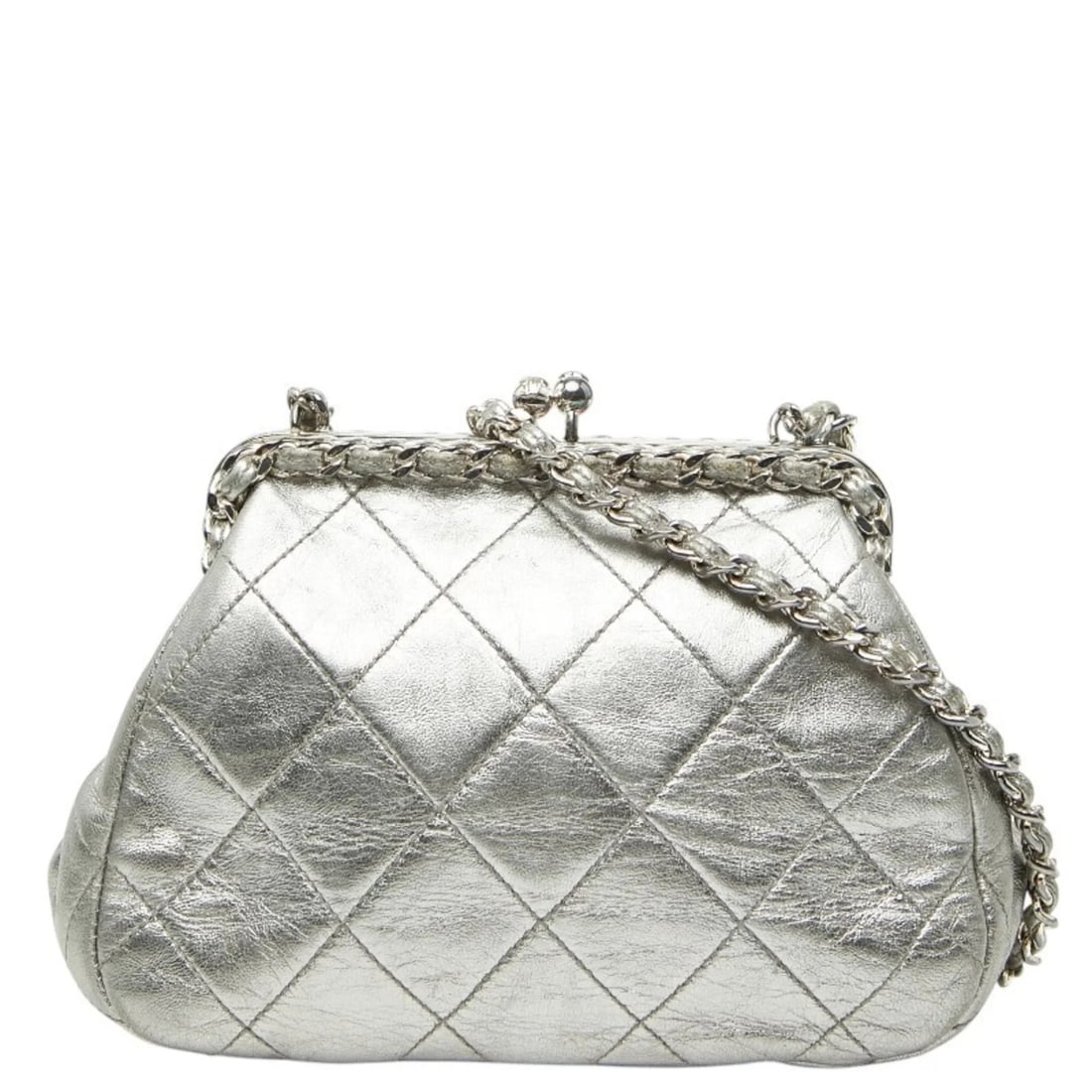 CHANEL COCO MARK MATELASSE CHAIN SHOULDER BAG IN SILVER LAMBSKIN: CHANEL Coco Mark Matelasse Chain Shoulder Bag in Silver Lambskin Brand: Chanel Type/Style: Shoulder bag Material: Leather Color: Silver Size: (HxWxD)11.5cm x 17cm x 6cm / 4.52'' x 6.69'' x 2.36''