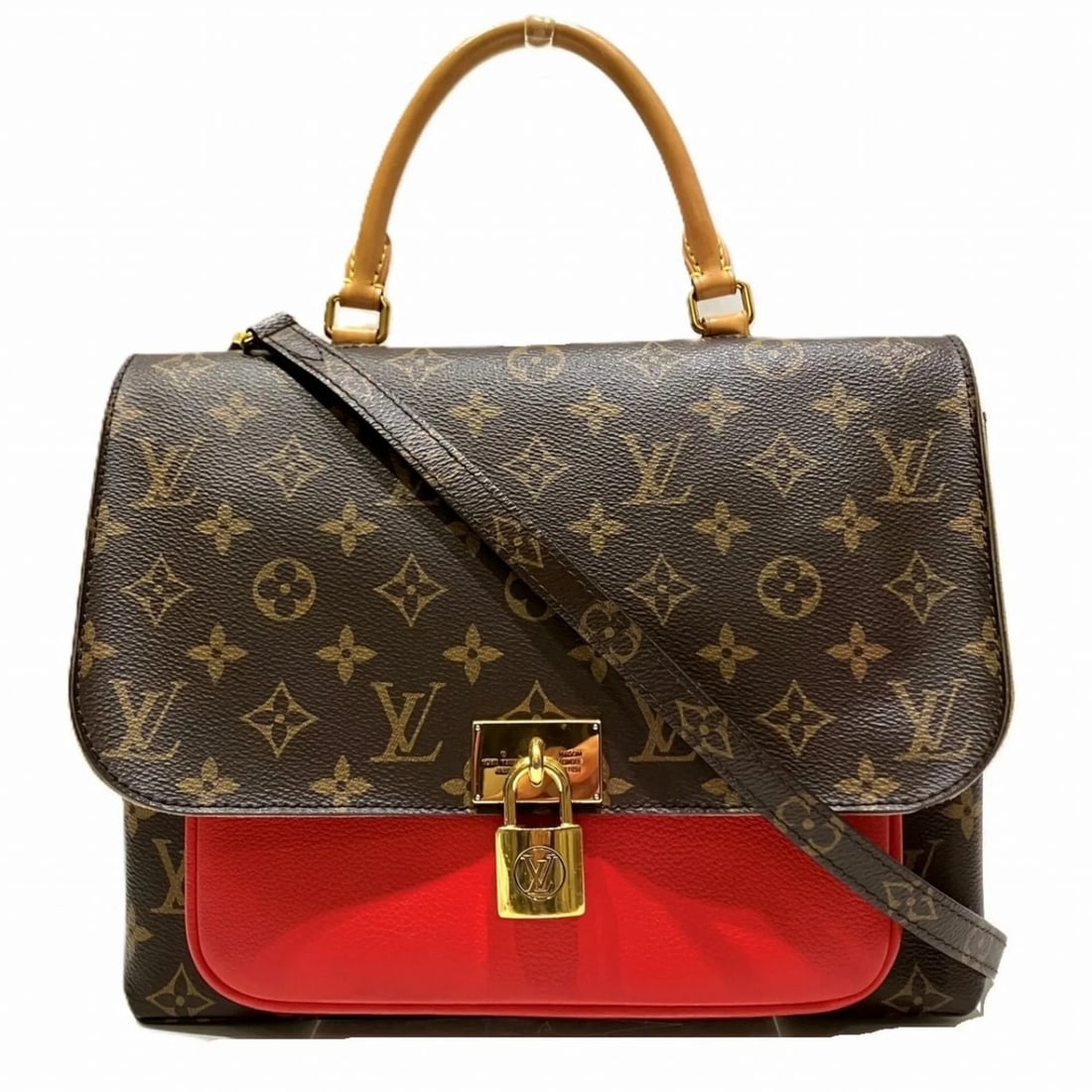 LOUIS VUITTON MARIGNAN HANDBAG, MONOGRAM LEATHER, TOILE FABRIC: Louis Vuitton Marignan Handbag, Monogram Leather, Toile Fabric Brand: Louis Vuitton Type/Style: Handbag Material: Monogram,Leather Color: Brown,Monogram,Red Color Size: (HxWxD)22cm x 10cm / 8.66'' x 3