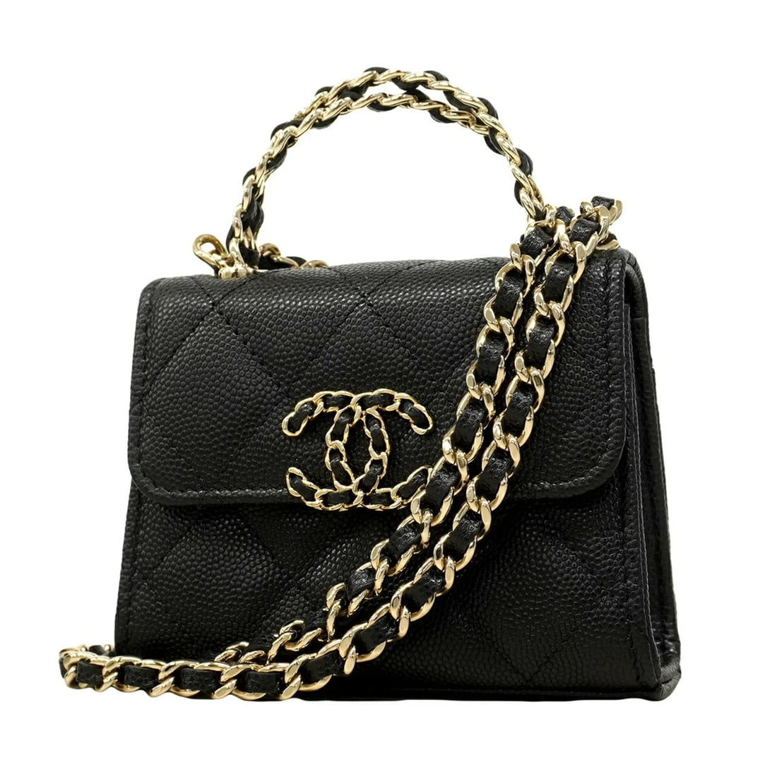 CHANEL MINI MATELASSE CHAIN SHOULDER BAG WITH COCO HANDLE: Chanel Mini Matelasse Chain Shoulder Bag with Coco Handle Brand: Chanel Type/Style: Handbag Material: Grained Calfskin Color: Black Size: (HxWxD)9cm x 11.5cm x 4.5cm / 3.54'' x 4.52'' x 1.77'' Acc