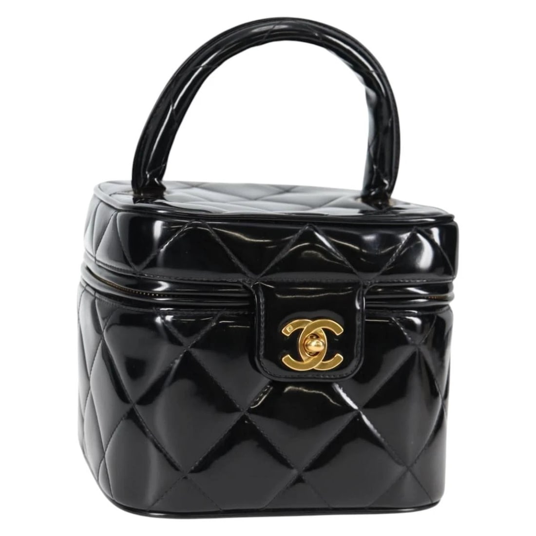 CHANEL MATELASSE VANITY HAND BAG PATENT LEATHER: CHANEL Matelasse Vanity Hand Bag Patent leather Brand: CHANEL Type/Style: Hand Bag Material: Patent Leather Color: Black/Gold Size: Size(Inch) W6.7 x H5.5 x D6.7inch(Approx) Accessories: None