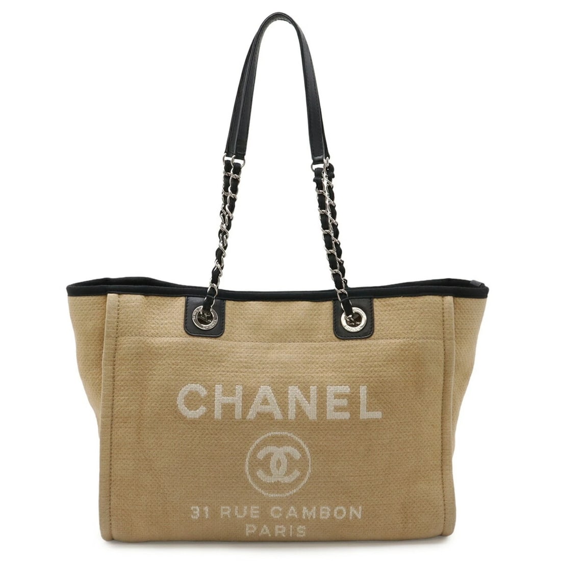 CHANEL DEAUVILLE LINE TOTE MM BAG SHOULDER CHAIN CANVAS LEATHER: CHANEL Deauville Line Tote MM Bag Shoulder Chain Canvas Leather Brand: Chanel Type/Style: Shoulder bag, Tote bag Material: Canvas Color: Beige,Black Size: (HxWxD)26cm x 34.5cm x 15cm / 10.23'' x 13.58