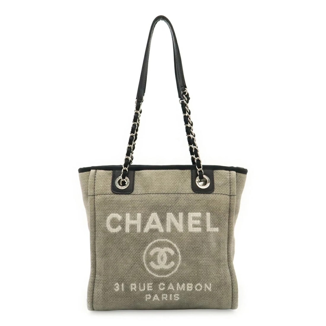 CHANEL DEAUVILLE TOTE BAG, SHOULDER CHAIN STRAP, CANVAS AND LEATHER: CHANEL Deauville Tote Bag, Shoulder Chain Strap, Canvas and Leather Brand: Chanel Type/Style: Shoulder bag, Tote bag Material: Canvas,Leather Color: Black,Gray Size: (HxWxD)25.5cm x 25.5cm x 11cm / 10