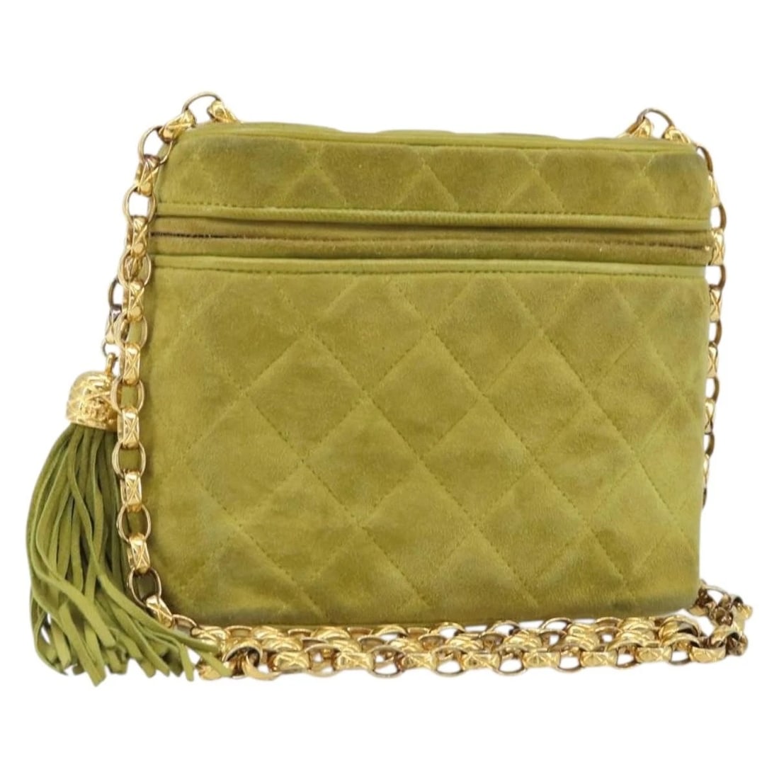 CHANEL CHAIN MATELASSE SHOULDER BAG: CHANEL Chain Matelasse Shoulder Bag Brand: CHANEL Type/Style: Shoulder Bag Material: Suede Color: Green/Gold Size: Size(Inch) W6.7 x H5.9 x D2.8inch(Approx) Accessories: None Accessories Notice: When