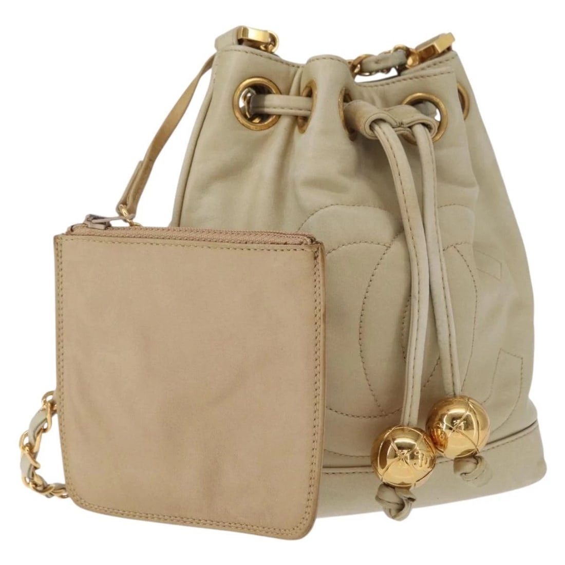 CHANEL CHAIN SHOULDER BAG LEATHER IVORY GOLD: CHANEL Chain Shoulder Bag Leather Ivory Gold Brand: CHANEL Type/Style: Shoulder Bag Material: Leather Color: Ivory/Gold Size: Size(Inch) W5.5 x H7.1 x D2.8inch(Approx) Accessories: None Accessories