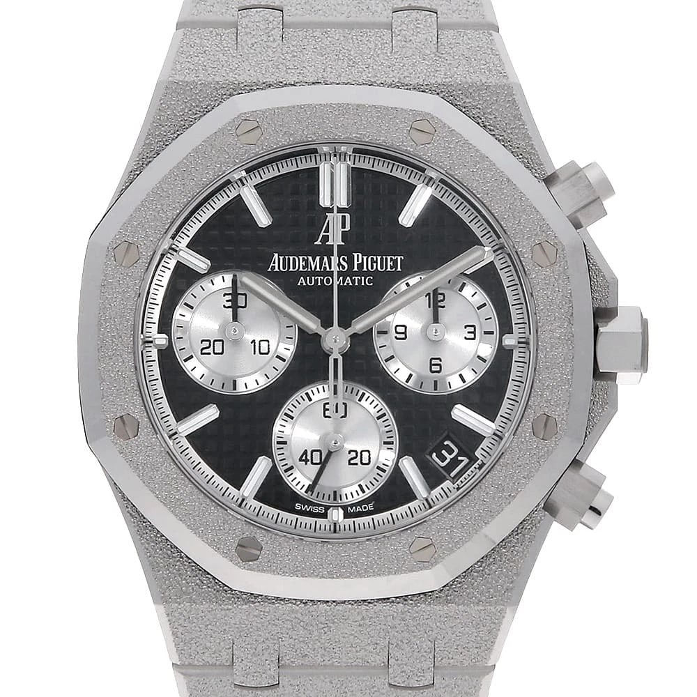 AUDEMARS PIGUET ROYAL OAK FROSTED GOLD CHRONOGRAPH WATCH: AUDEMARS PIGUET Royal Oak Frosted Gold Chronograph Watch Brand: AUDEMARS PIGUET Type/Style: Wrist watch Material: Band Material White Gold, Case Material White Gold Color: Dial Color Black Size: Case: