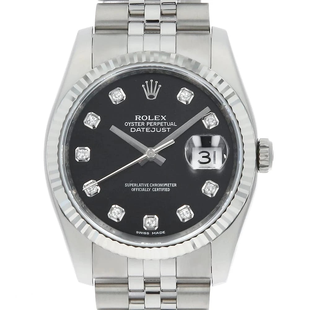 ROLEX DATEJUST DIAMOND BLACK WATCH: ROLEX Datejust Diamond black Watch Brand: ROLEX Type/Style: Wrist watch Material: Band Material Stainless Steel, Case Material Stainless Steel/White gold Color: Dial Color Black Size: Case:W36mm Circu