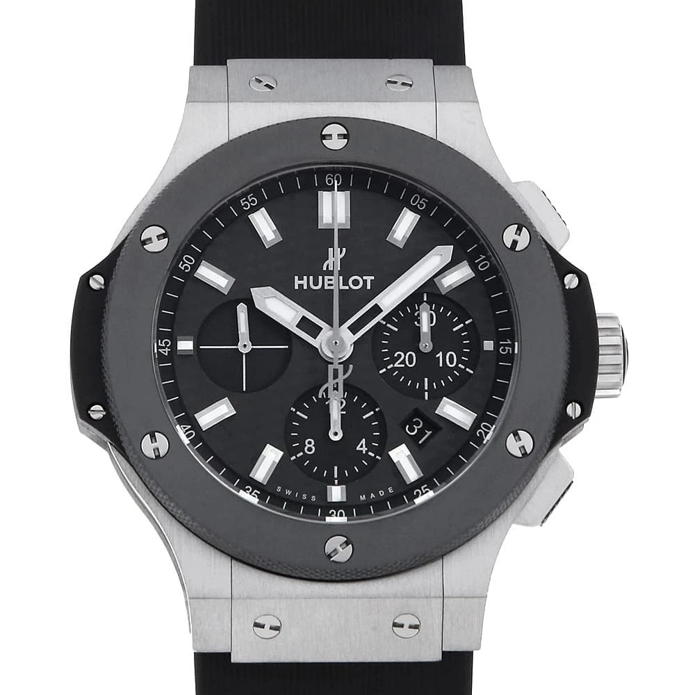 HUBLOT BIG BANG STEEL CERAMIC WATCH: HUBLOT Big Bang Steel Ceramic Watch Brand: HUBLOT Type/Style: Wrist watch Material: Band Material rubber, Case Material Stainless Steel Color: Dial Color Black Size: Case:W44mm Accessories: None