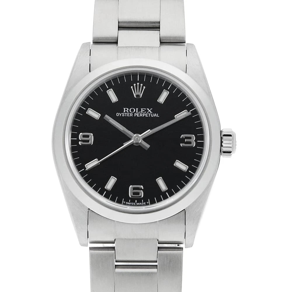 ROLEX OYSTER PERPETUAL BLACK WHITE WATCH: ROLEX Oyster perpetual black white Watch Brand: ROLEX Type/Style: Wrist watch Material: Band Material Stainless Steel, Case Material Stainless Steel Color: Dial Color Black Size: Case:W30mm Circumfere