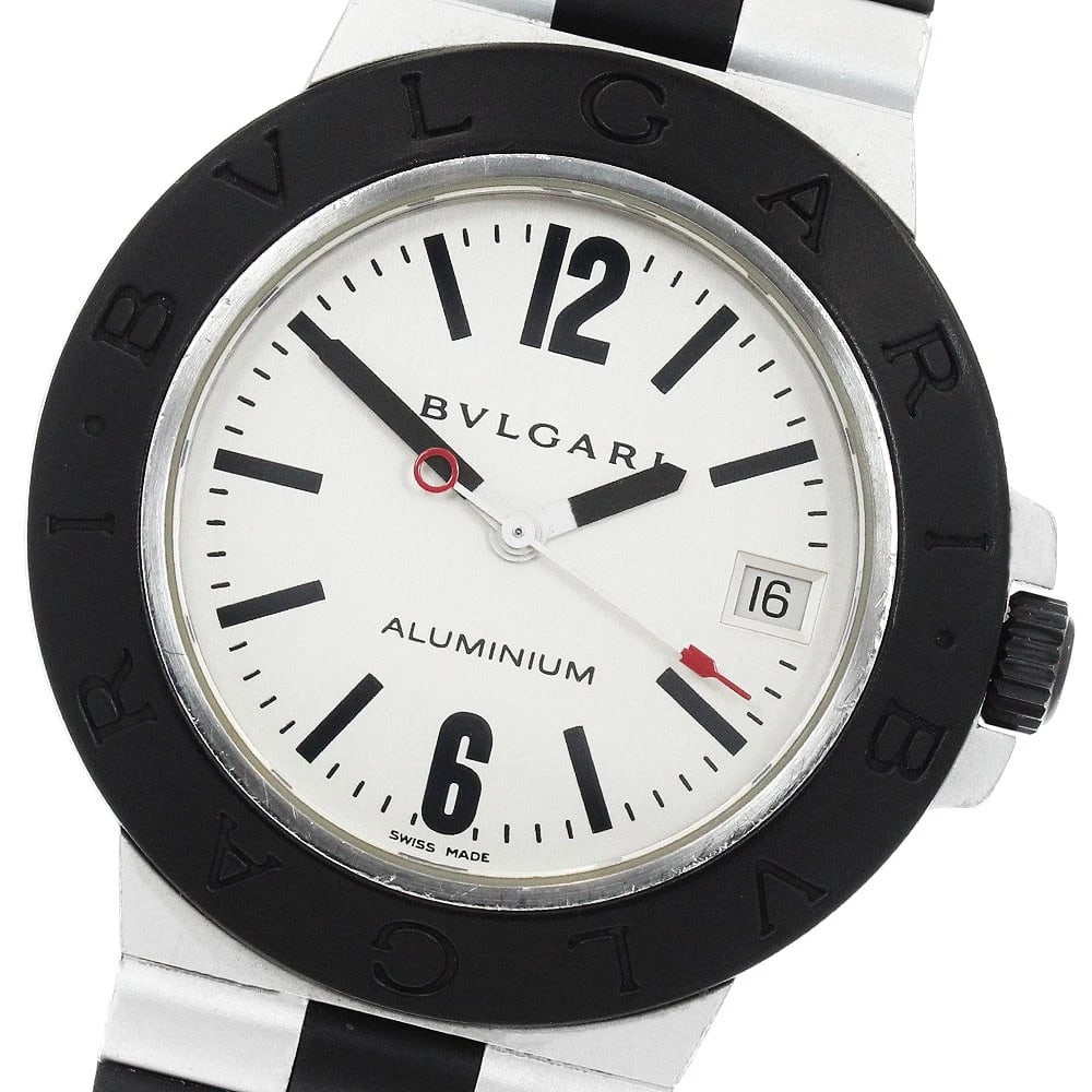 BVLGARI ALUMINUM DATE SILVER AUTOMATIC WATCH: BVLGARI aluminum Date Silver Automatic Watch Brand: BVLGARI Type/Style: Wristwatch Material: Band Material Rubber / aluminum, Case Material Aluminum / rubber Color: Case Color Silver / Black Band