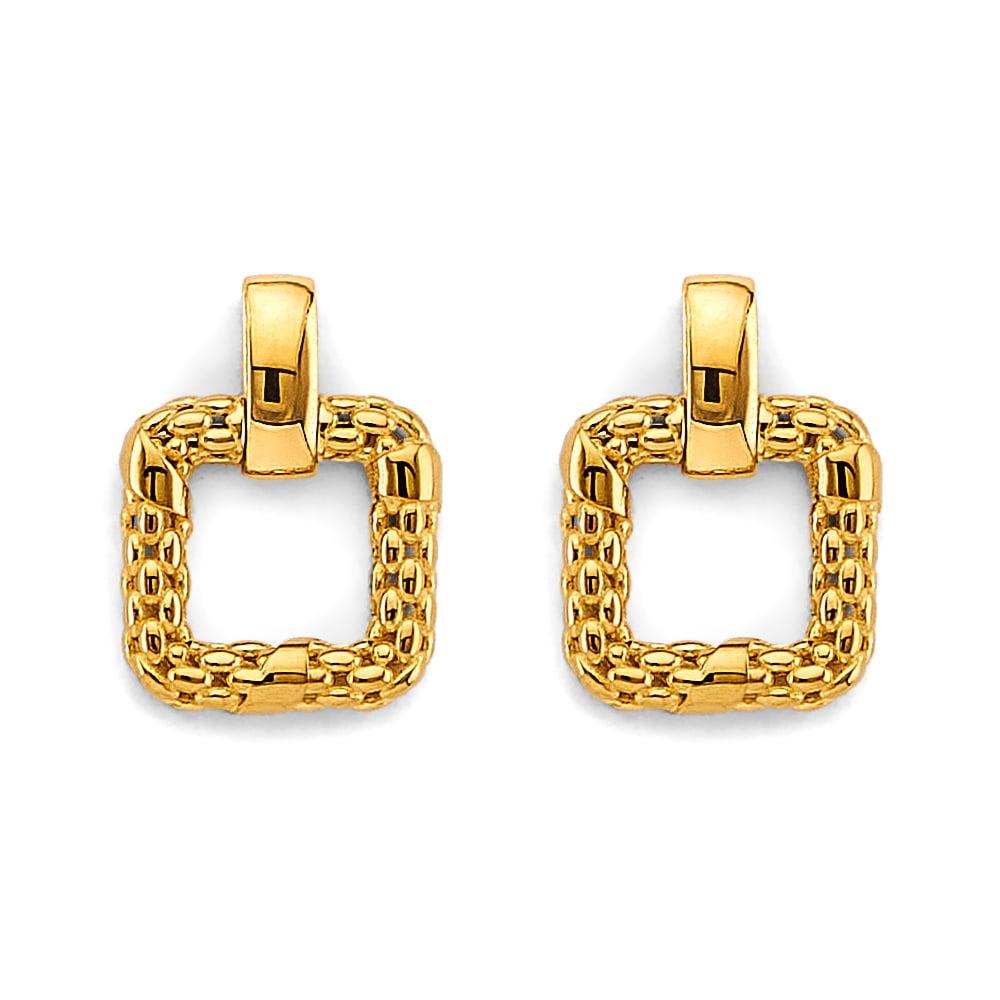 14KY FANCY SQUARE MESH DESIGN PENDANT: 14KY Fancy Square Mesh Design Pendant Type: Pendant Material Type: 14k Gold Material Color: Yellow Avg. Weight: 1.2 Gr. Size: Height : 18 mm, Width : 13 mm Accessories: None Notice: When p