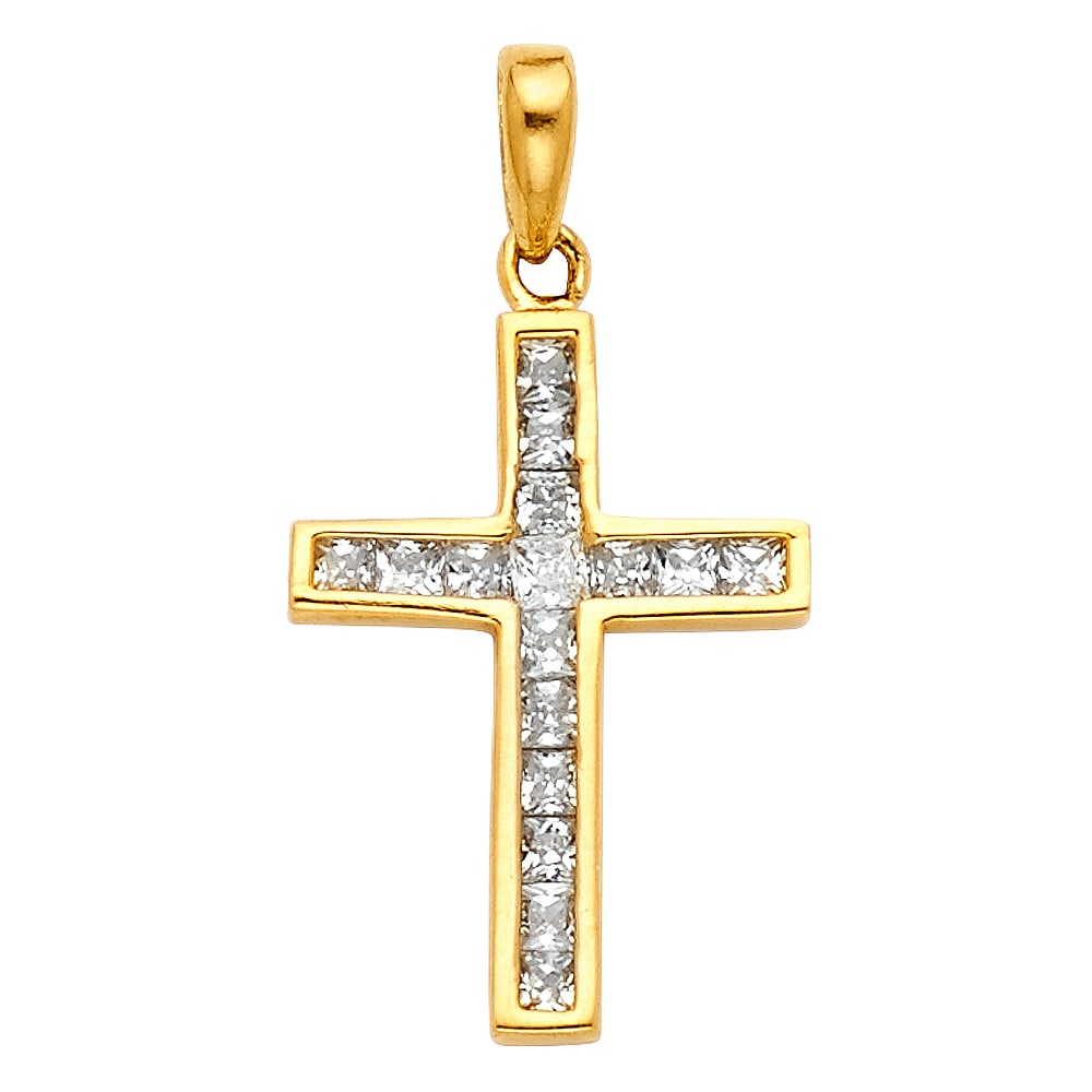 14KY CROSS CZ PENDANT: 14KY Cross CZ Pendant Type: Pendant Material Type: 14k Gold Material Color: Yellow Avg. Weight: 1.15 Gr. Size: Height : 19 mm, Width : 18 mm Accessories: None Notice: When purchasing pre-o